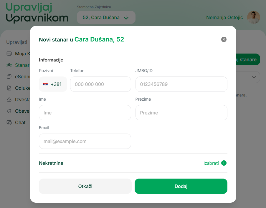 Ekran: Dodavanje stanara