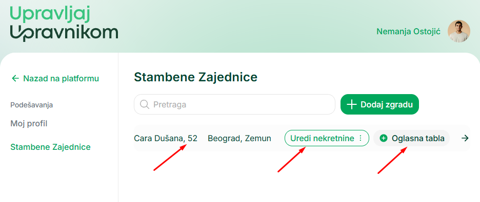 Pregled stambenih zajednica i osnovna podešavanja