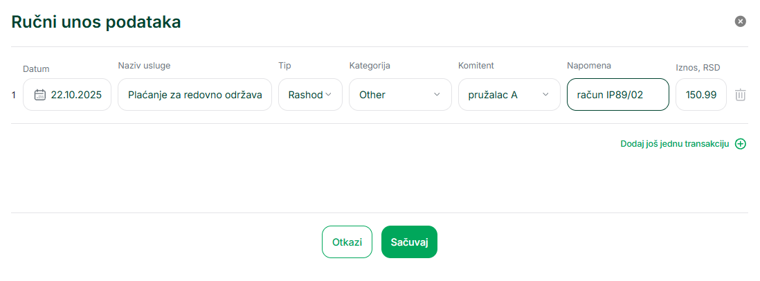 Dijalog za ručni unos transakcija: izbor tipa (prihod/rashod), komitenta, kategorije, datuma i iznosa