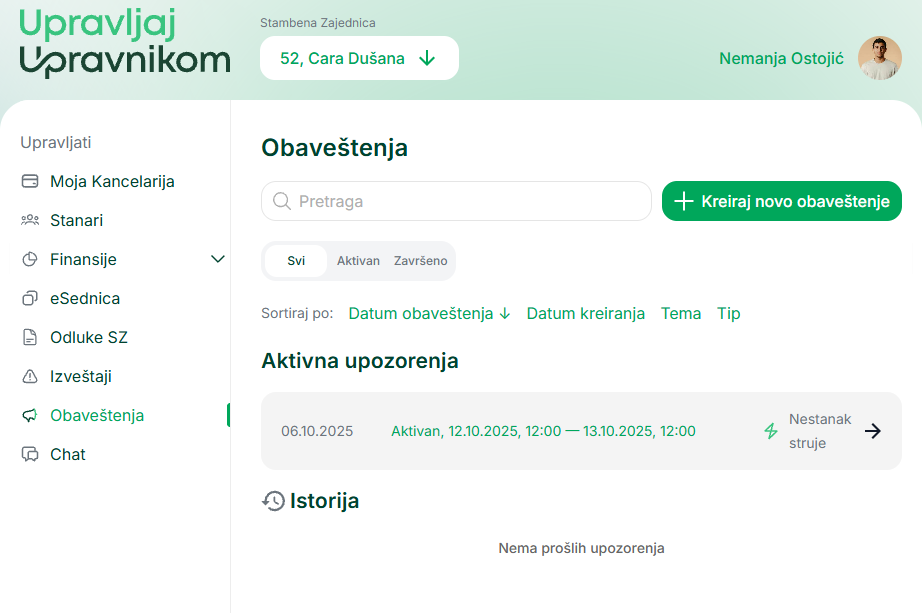 Pregled obaveštenja — aktivna i završena