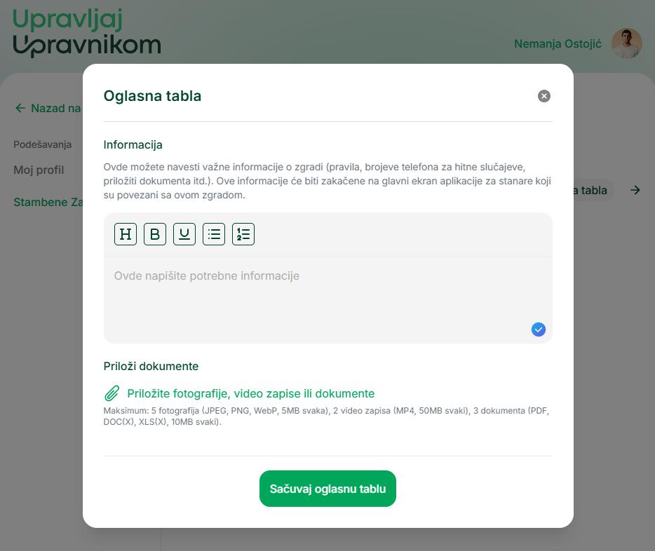 Podešavanja i objave na oglasnoj tabli
