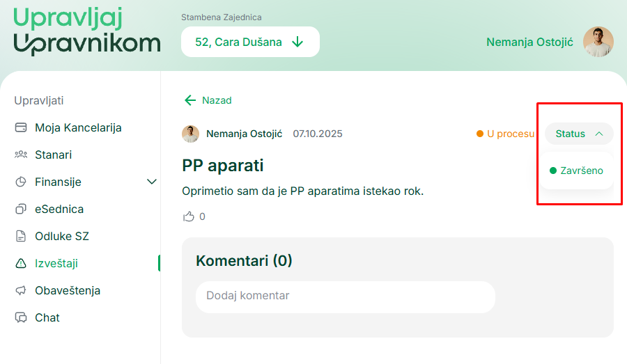 Označavanje izveštaja kao završen — unos završnog opisa i priloga