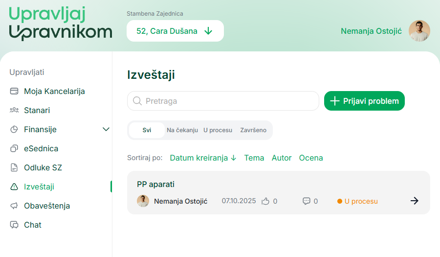 Pregled izveštaja sa statusima i filtrima