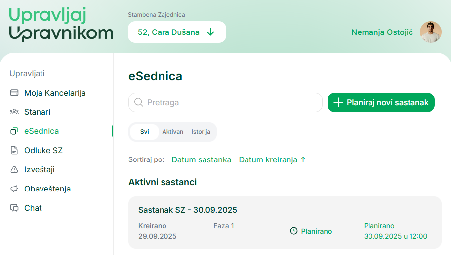 Pregled eSednica — aktivne i završene sednice sa osnovnim podacima