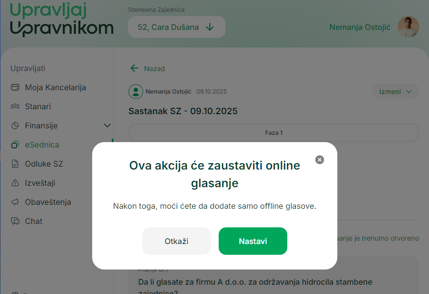 Dijalog za potvrdu zaustavljanja glasanja