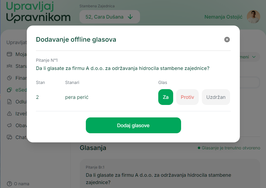 Forma za unos offline glasova po svakoj tački dnevnog reda